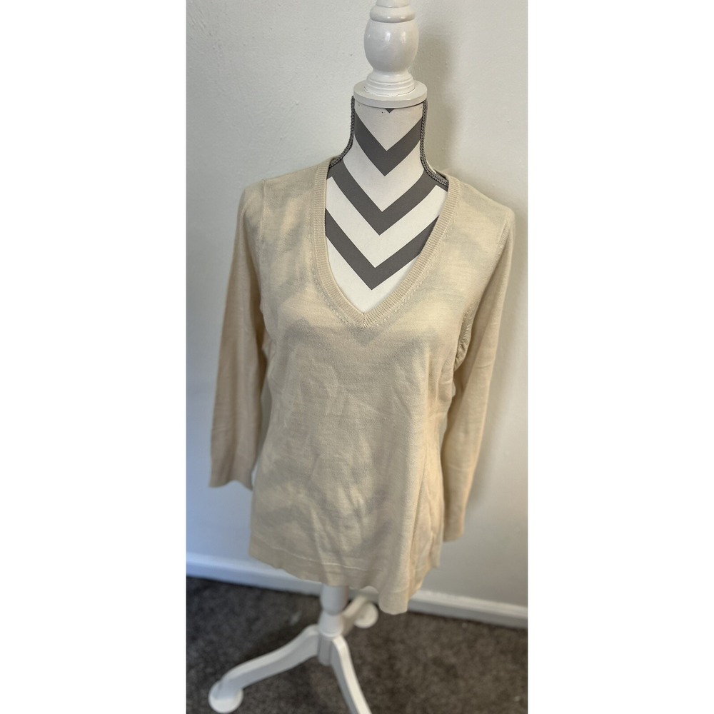 New York & Company Womens L Ivory V Neck Long Sleeve Sweater